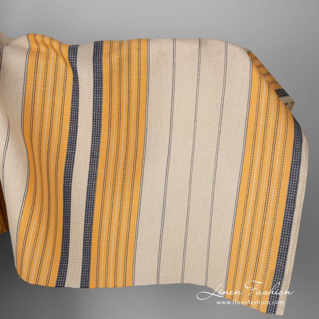 Linen cotton fabric sand waffle with yellow blue stripes