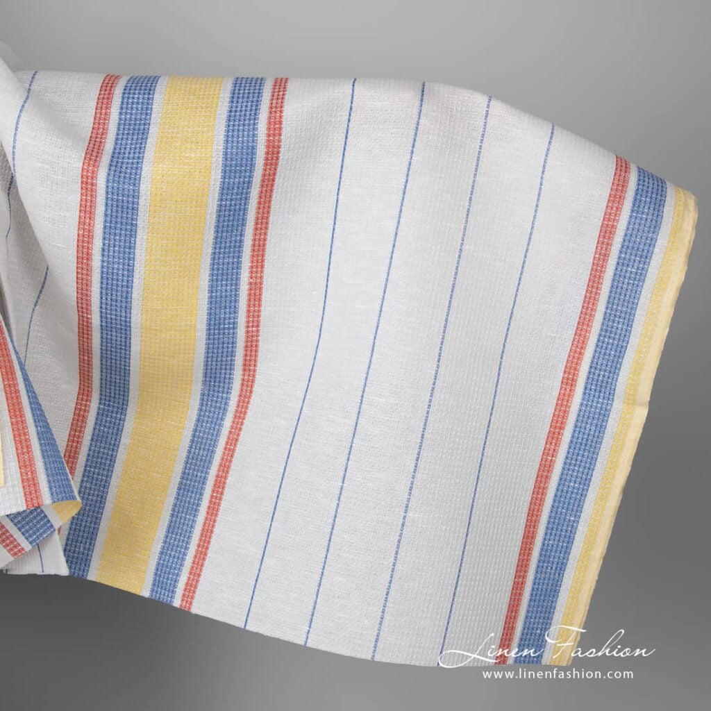 Linen cotton fabric white waffle with yellow red stripes