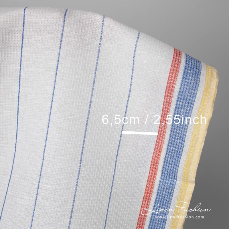 Linen cotton fabric white waffle with yellow red stripes with measurements