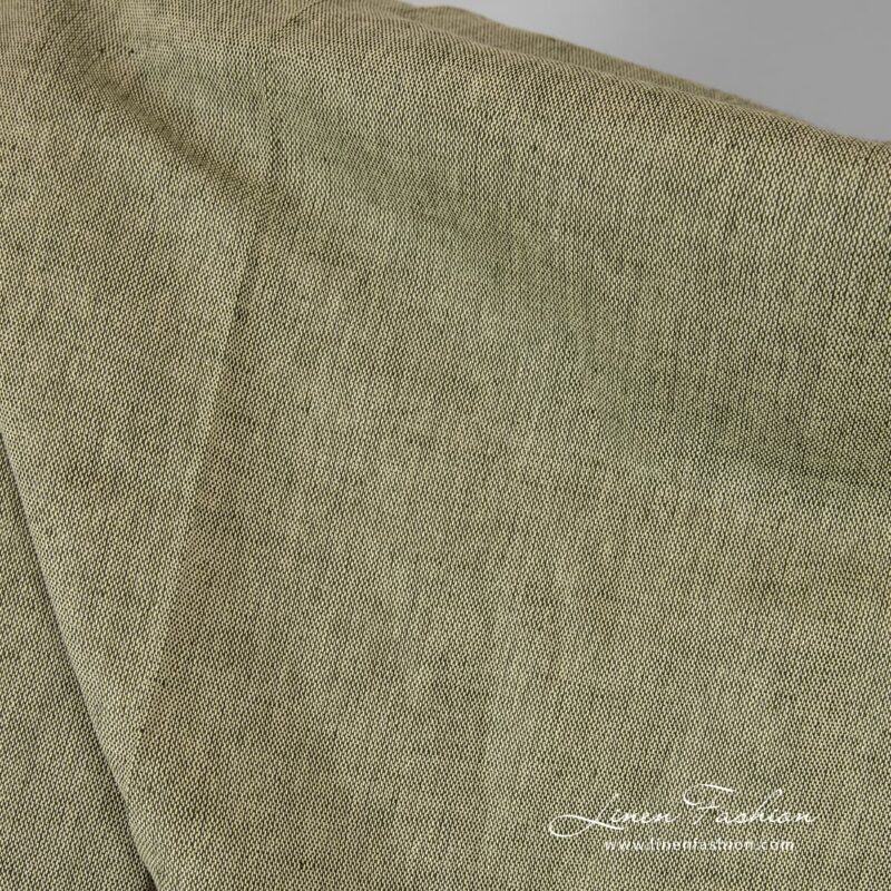 Olive green melange linen cotton fabric.