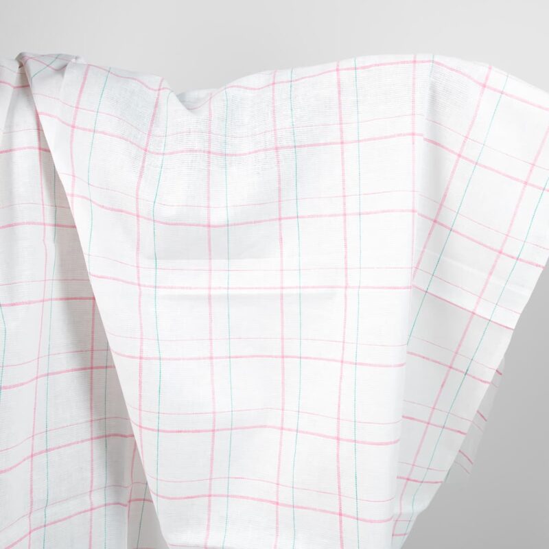 white linen fabric, pink checks