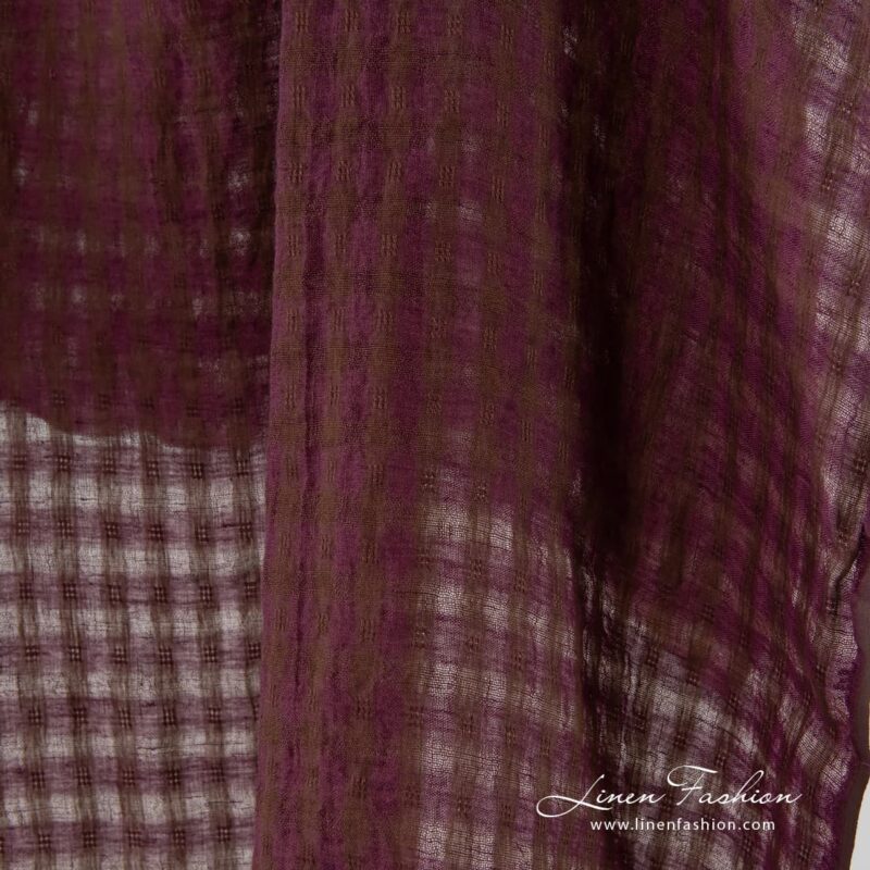 100% linen fabric in brown purple checks.