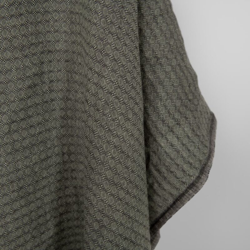 Washed linen fabric dark grey and green diamond pattern, fabric edge