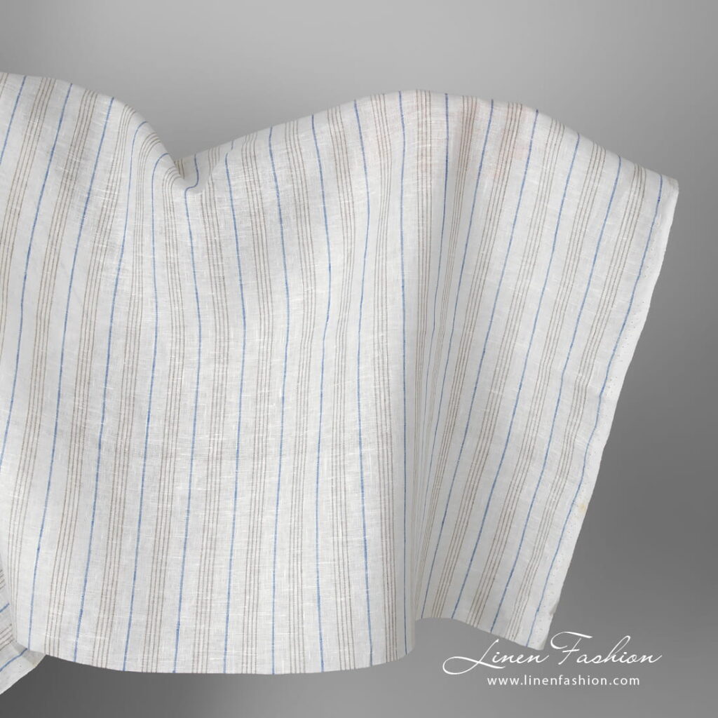 Linen fabric white with blue and grey stripes