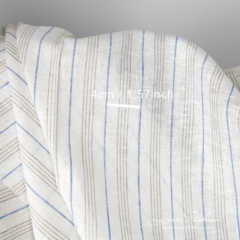 Linen fabric white with blue and grey stripes with measurements