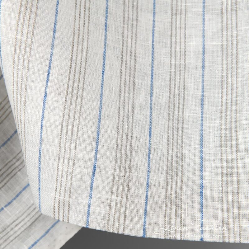 Linen fabric white with blue and grey stripes edge