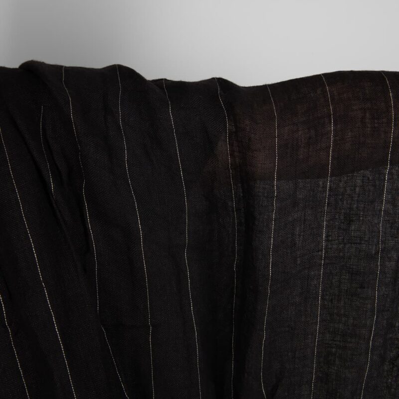 Black transparent linen fabric with grey stripes washed texture