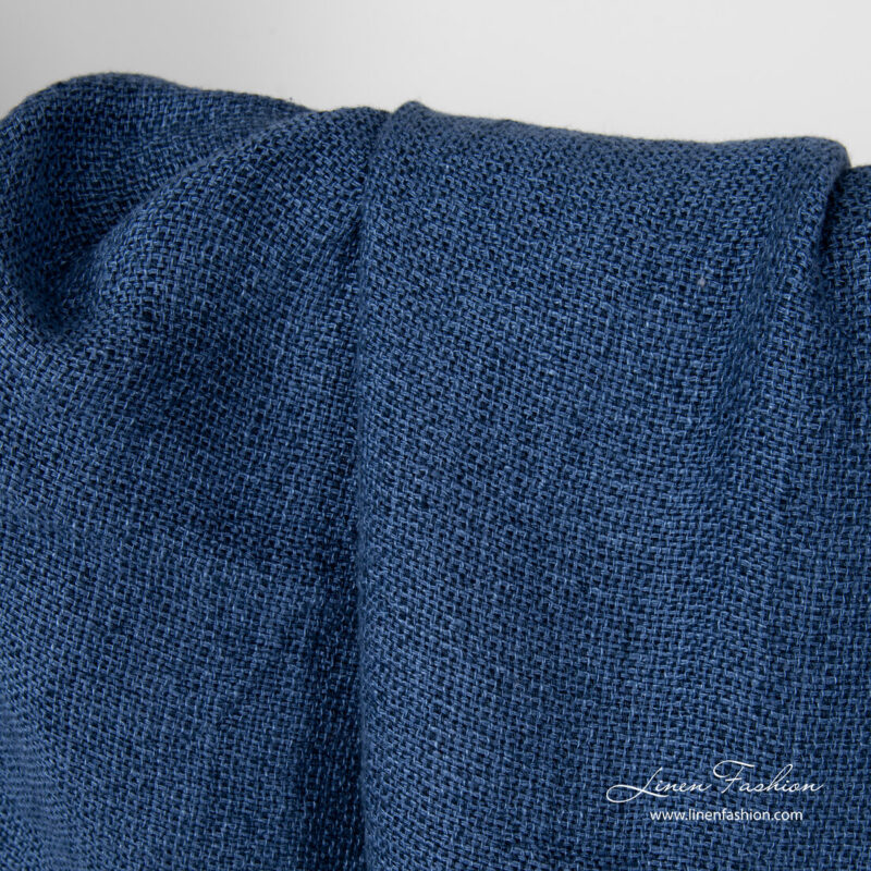 Dark blue linen fabric in panama weave, washed