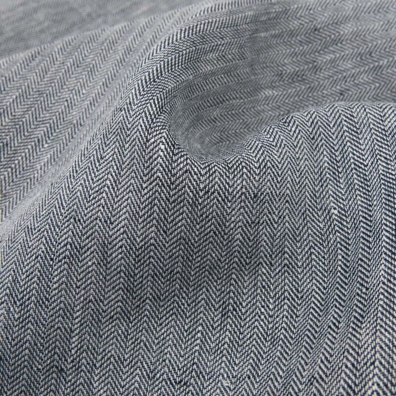 Black-white linen fabric in herringbone pattern main image