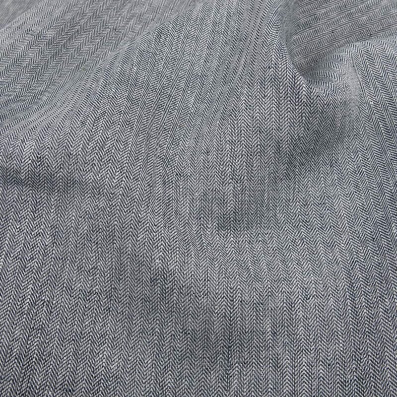 Black-white linen fabric in herringbone pattern