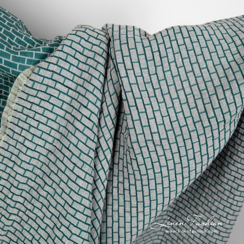 Linen cotton fabric in green and grey colors