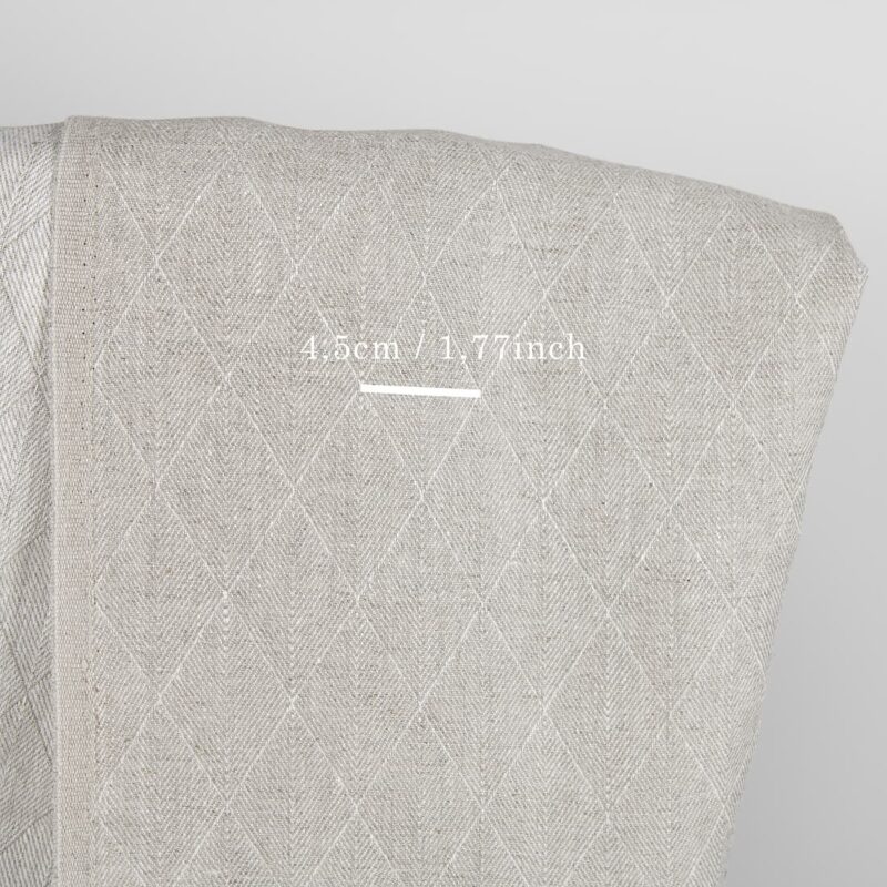 Beige double-sided linen fabric in a diamond pattern with measurements