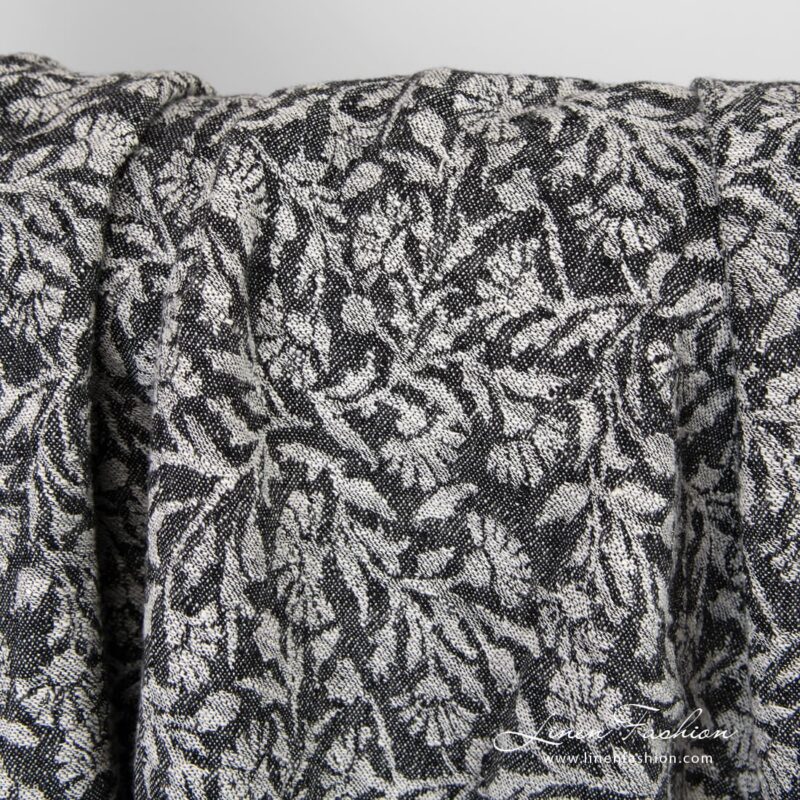 Black linen cotton jacquard fabric with ornaments