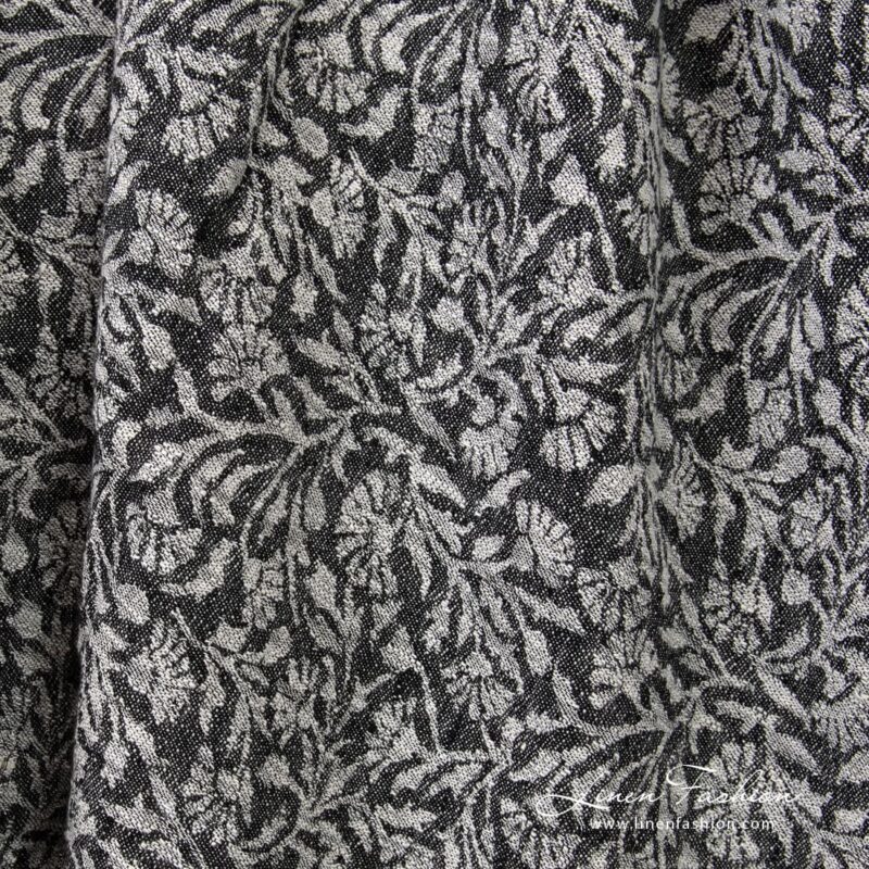 Black linen cotton jacquard fabric with flowery ornaments