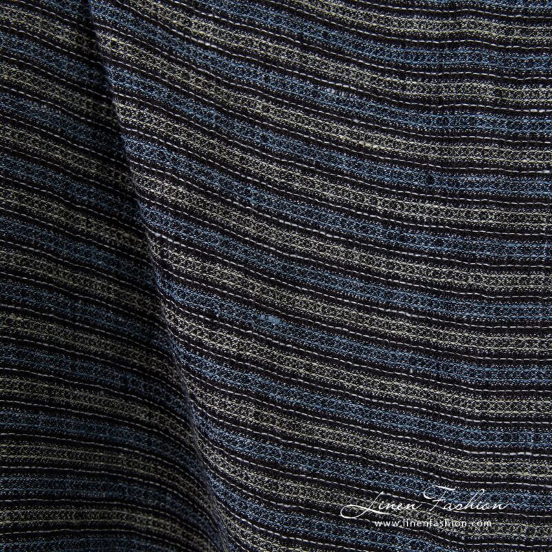 Striped linen fabric in waffle pattern, multicolored stripes