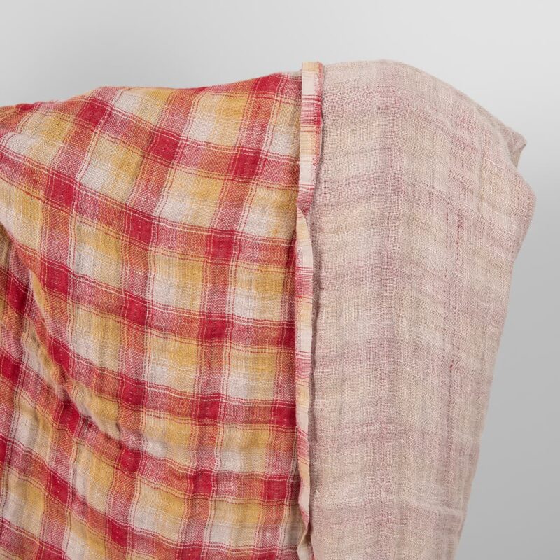 Washed linen fabric red yellow checks double-sided other side