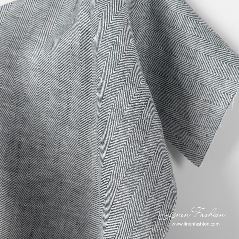 Pure linen herringbone fabric in white and blue