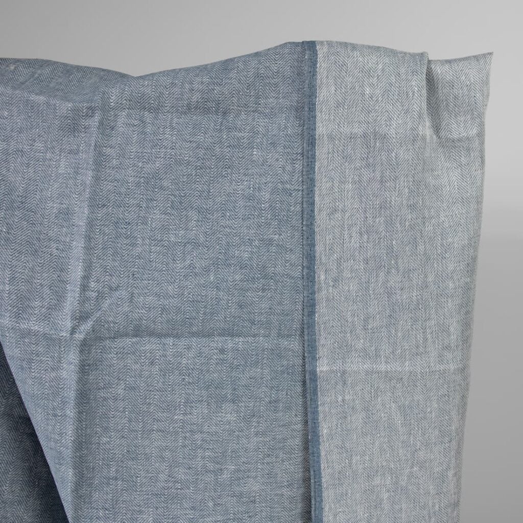 Linen fabric white blue in herringbone pattern double-sided