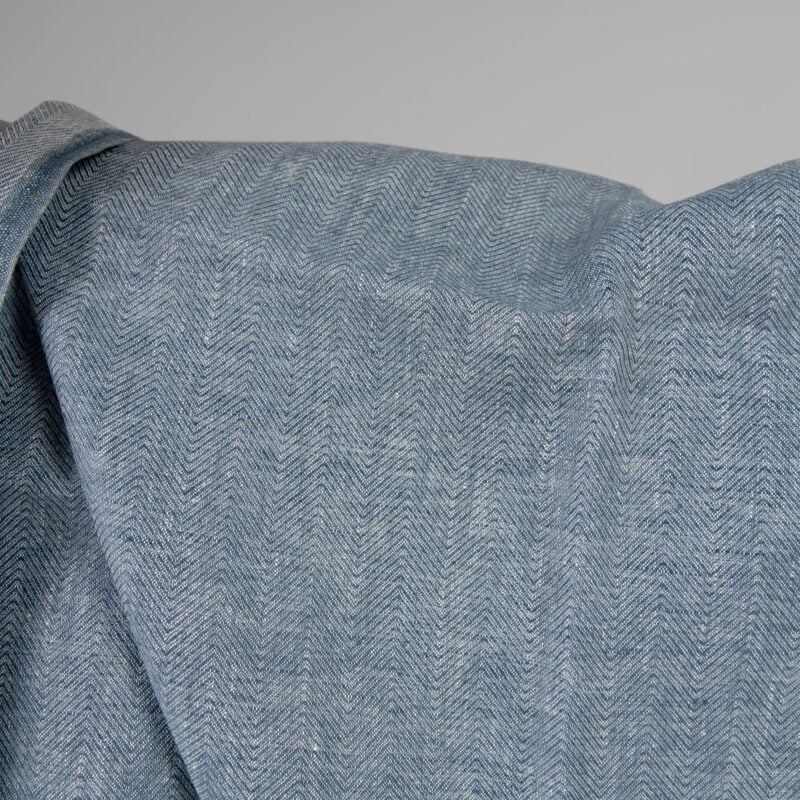 Linen fabric white blue in herringbone pattern double-sided front side