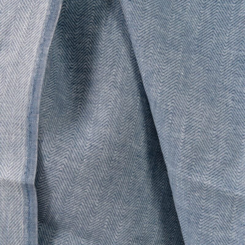 Linen fabric white blue in herringbone pattern double-sided close up detail
