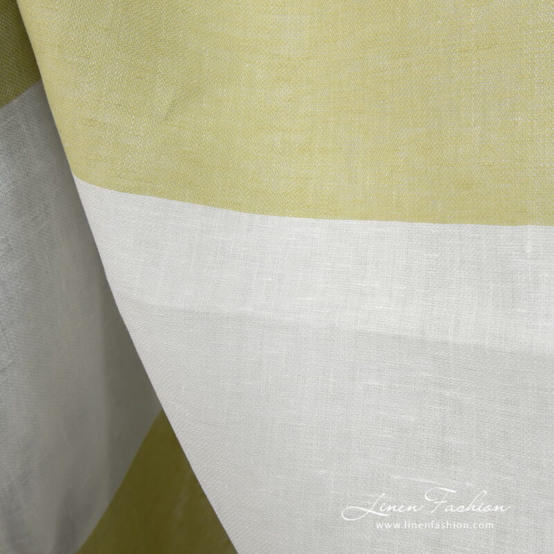 Linen fabric in green and off-white stripes close up detail