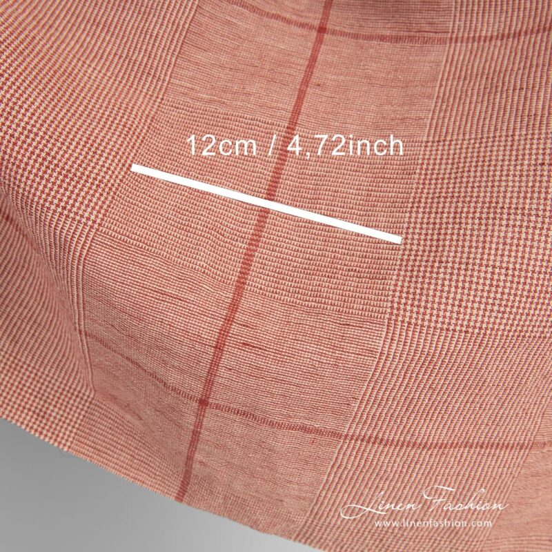 Wide red linen cotton fabric with checks, washed