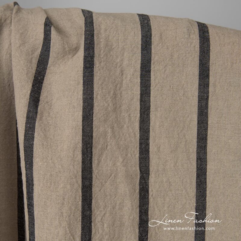 Wide washed half linen fabric natural colour black stripes product photo