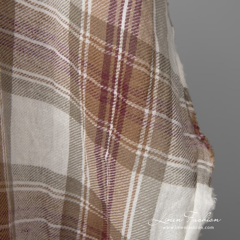 Wide washed half linen fabric off-white with brown checks edge