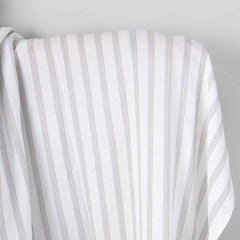 Washed linen cotton fabric white with blue and grey stripes