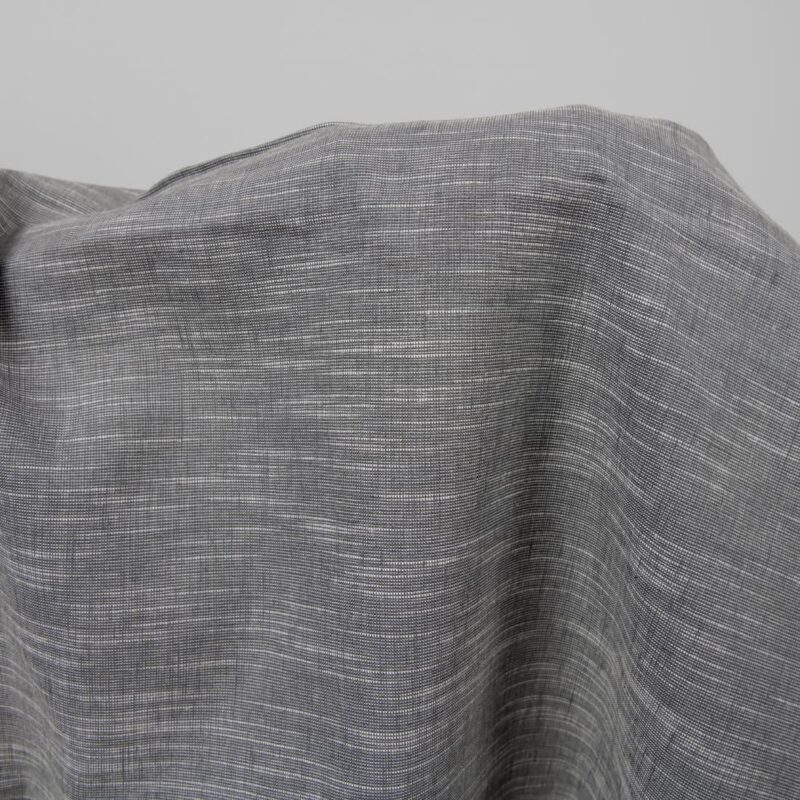 Dark grey linen cotton fabric in white stripes close up detail