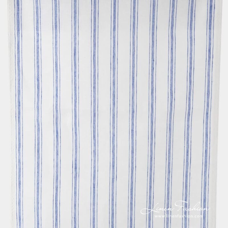 Off white narrow fabric with blue stripes.