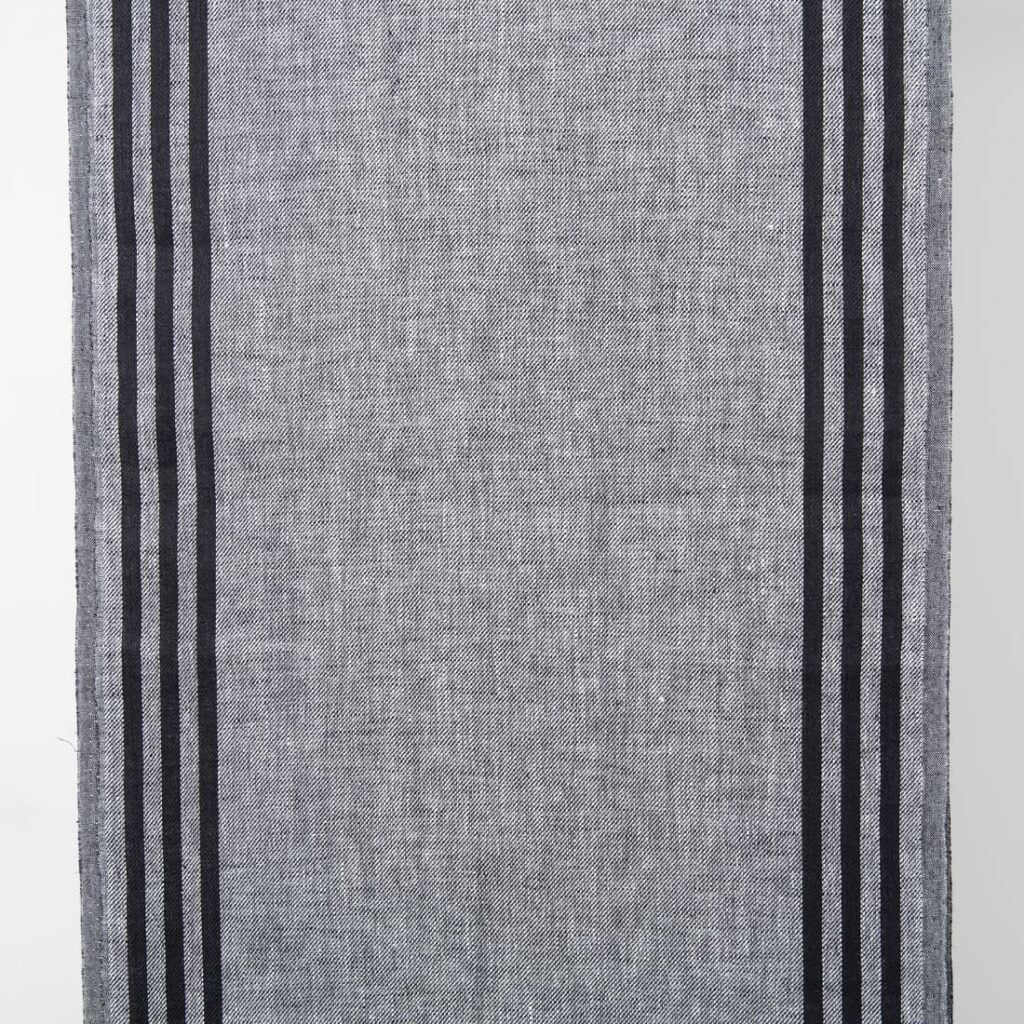 Narrow linen fabric grey with black stripes on sides