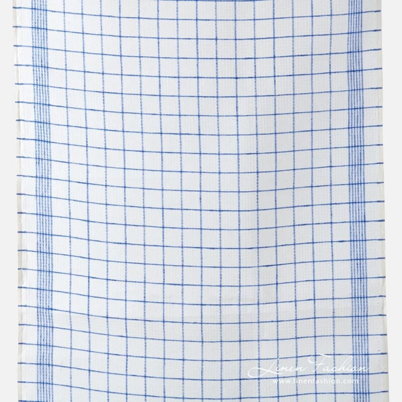 Narrow off white linen fabric in blue checks.