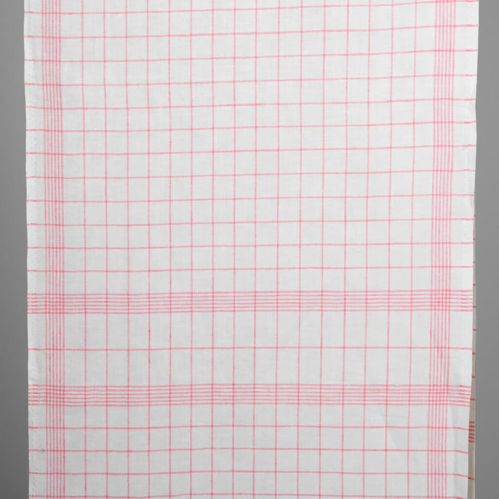 Narrow linen fabric bright white with pink checks