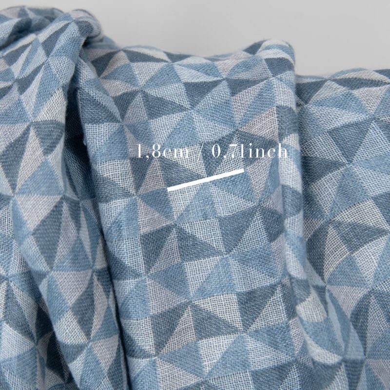Washed linen fabric in blue triangles with measurements