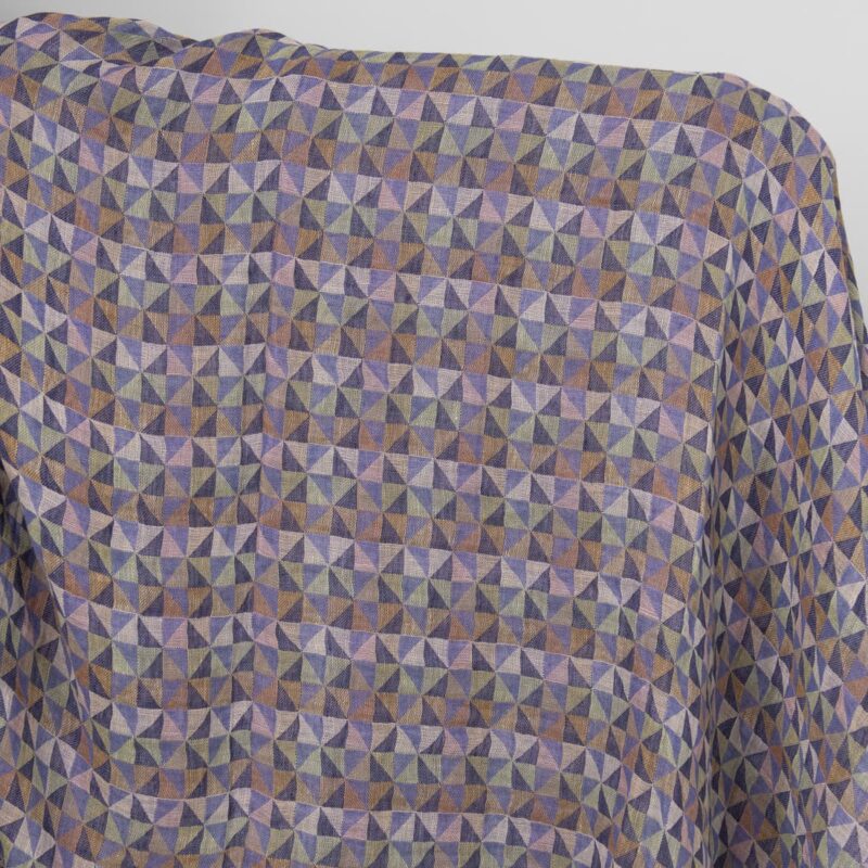 Washed linen fabric in violet multicolour triangles