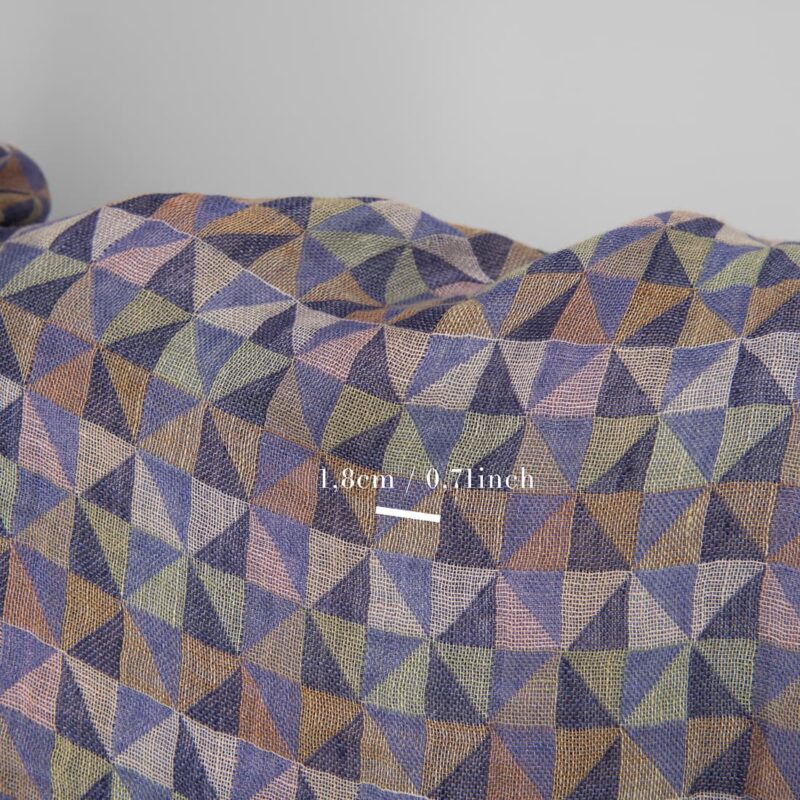 Washed linen fabric in violet multicolour triangles with measurements