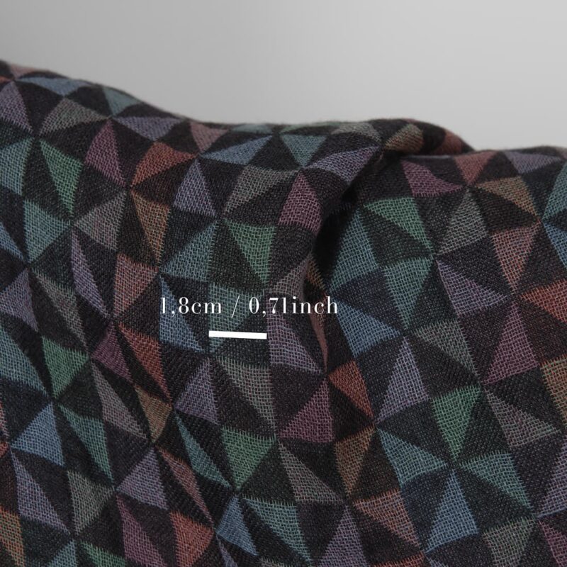 Washed linen fabric black with multicolour triangles with measurements