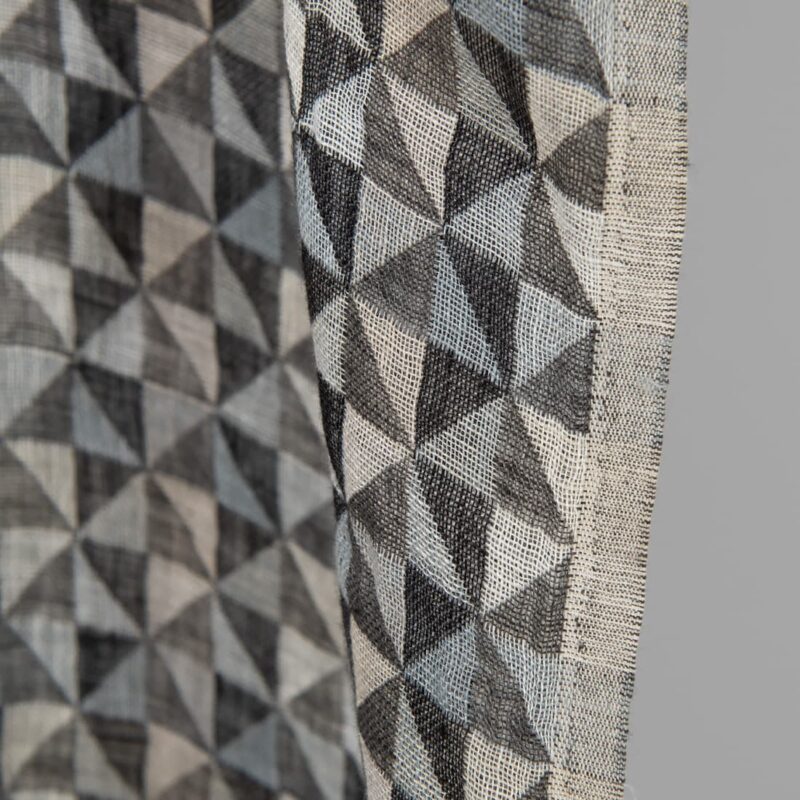 Washed linen fabric black grey jacquard triangle pattern, fabric edge