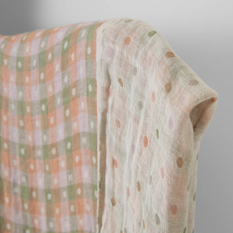 Washed linen fabric light orange and green checks, double-layer