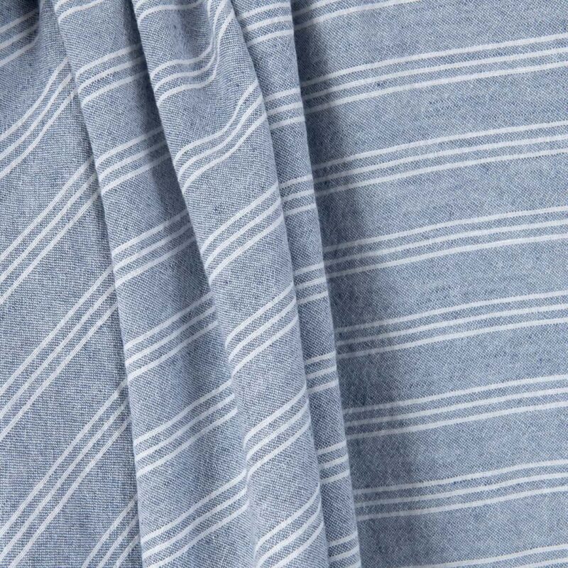 Wide washed linen cotton fabric blue with white stripes, natural fibre