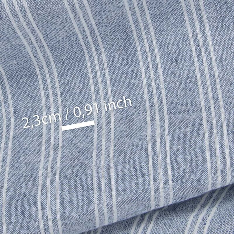 Wide washed linen cotton fabric blue with white stripes, with measurements