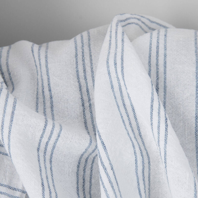 Wide washed linen cotton fabric white with blue stripes, specially washed
