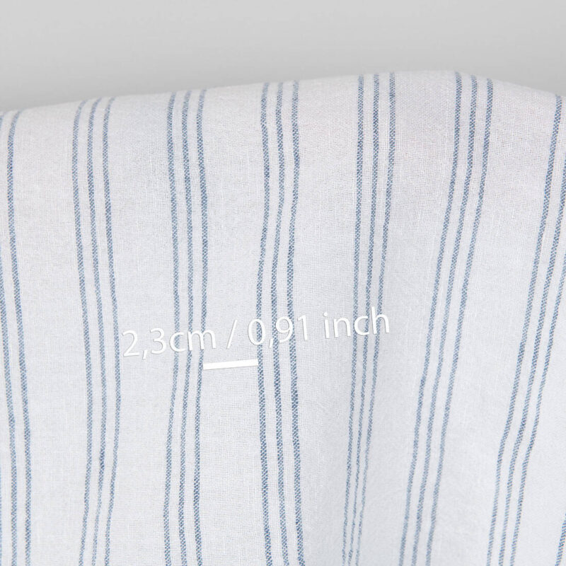 Wide washed linen cotton fabric white with blue stripes, with measurements