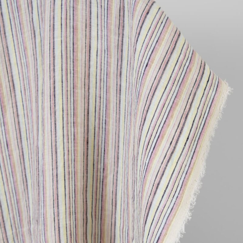 Linen hemp fabric multicolour with dark blue stripes washed, natural fibre