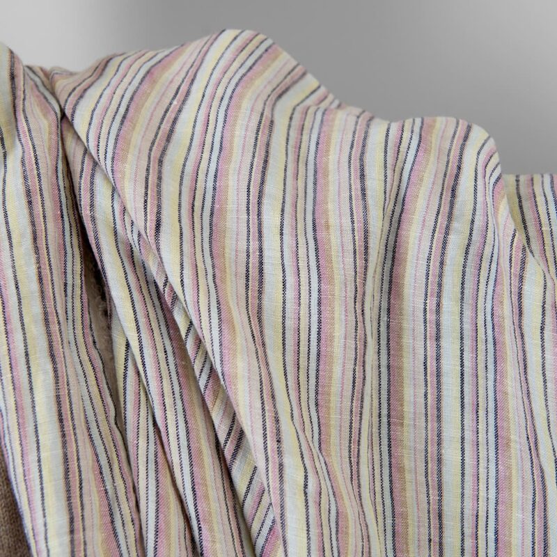 Linen hemp fabric multicolour with dark blue stripes washed, soft to touch