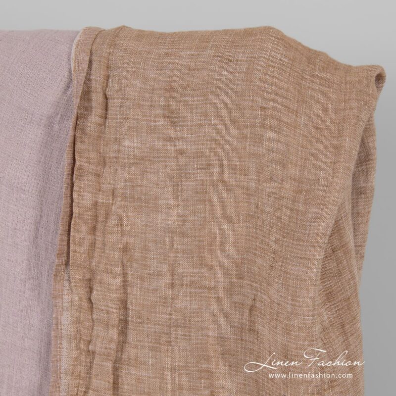 Double-sided linen fabric in lilac and brown colors, specially washed
