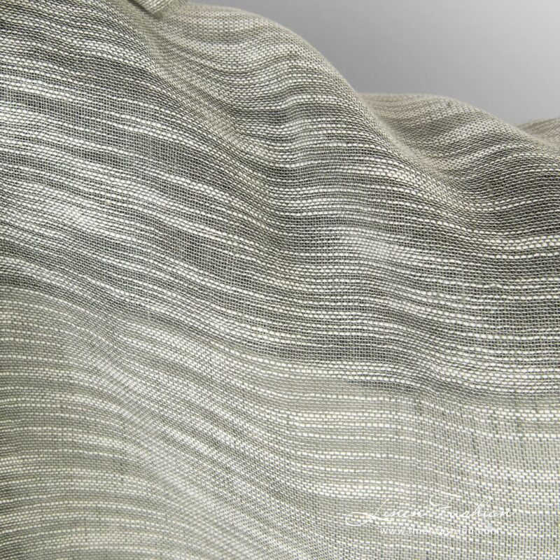 Linen cotton greenish fabric with white stripes