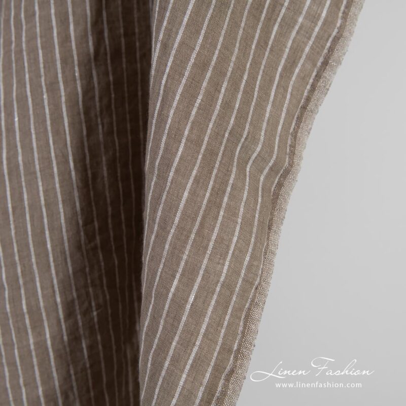Brown linen fabric in stripes, specially washed to increase softness