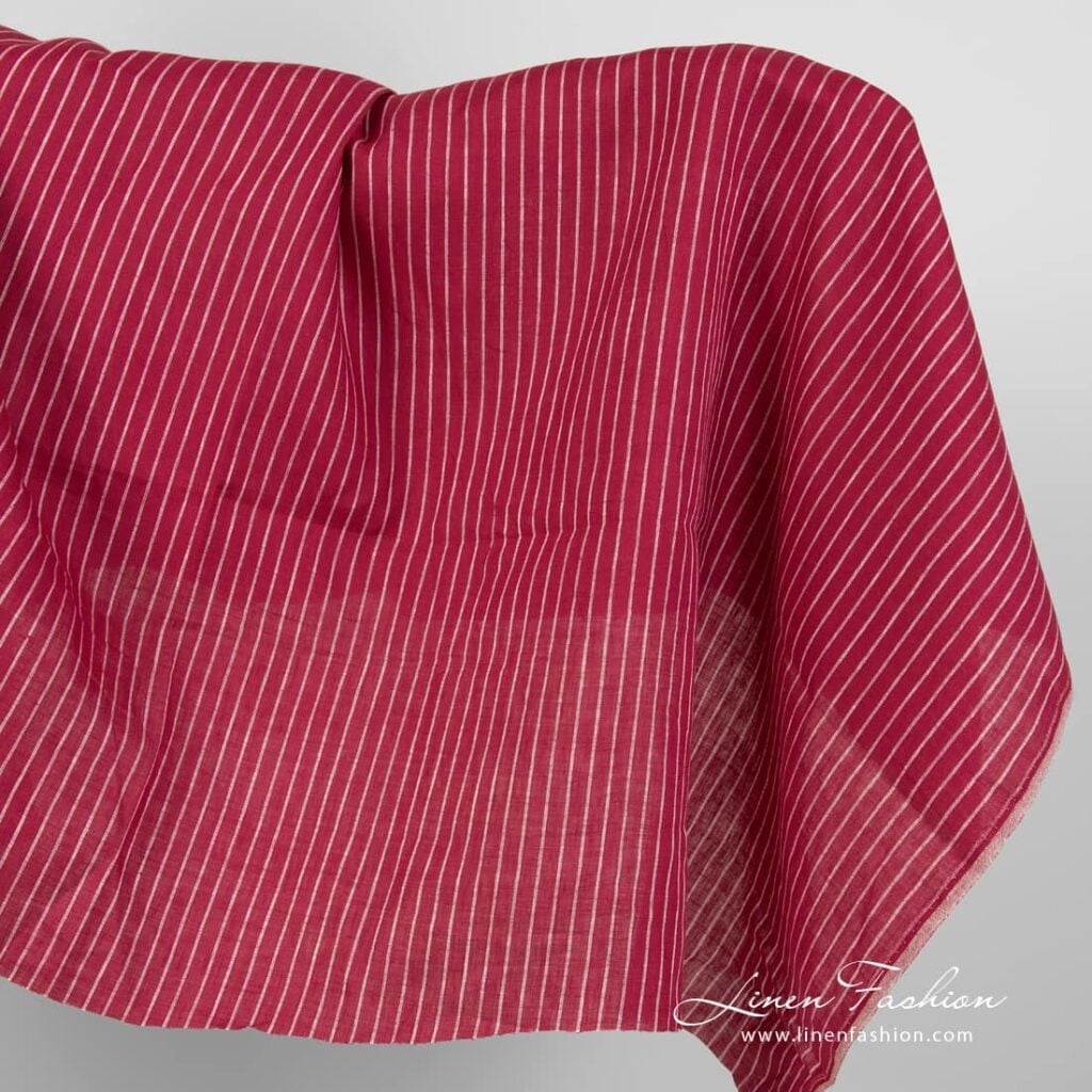 Linen fabric red with thin white stripes